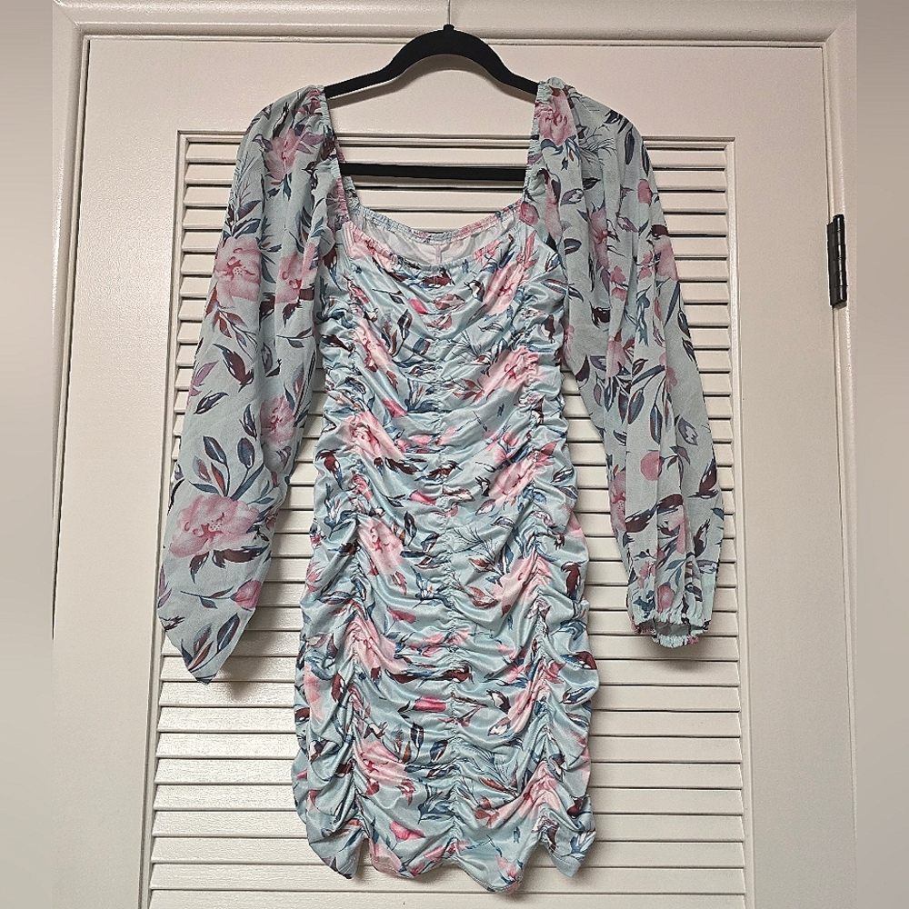 SHEIN - Floral Ruched Long-Sleeve Dress